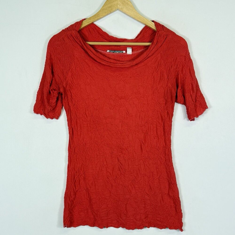 Sno Skins Textured Top Women Small Red Orange Crinkle Chic Cowl Neck Artsy